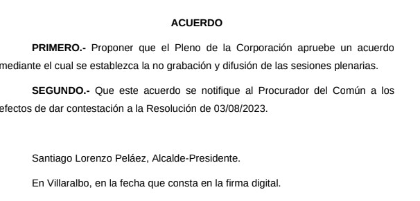 El Equipo de Gobierno del PP en el Ayuntamiento de Villaralbo acuerda la no grabación y difusión de las sesiones plenarias