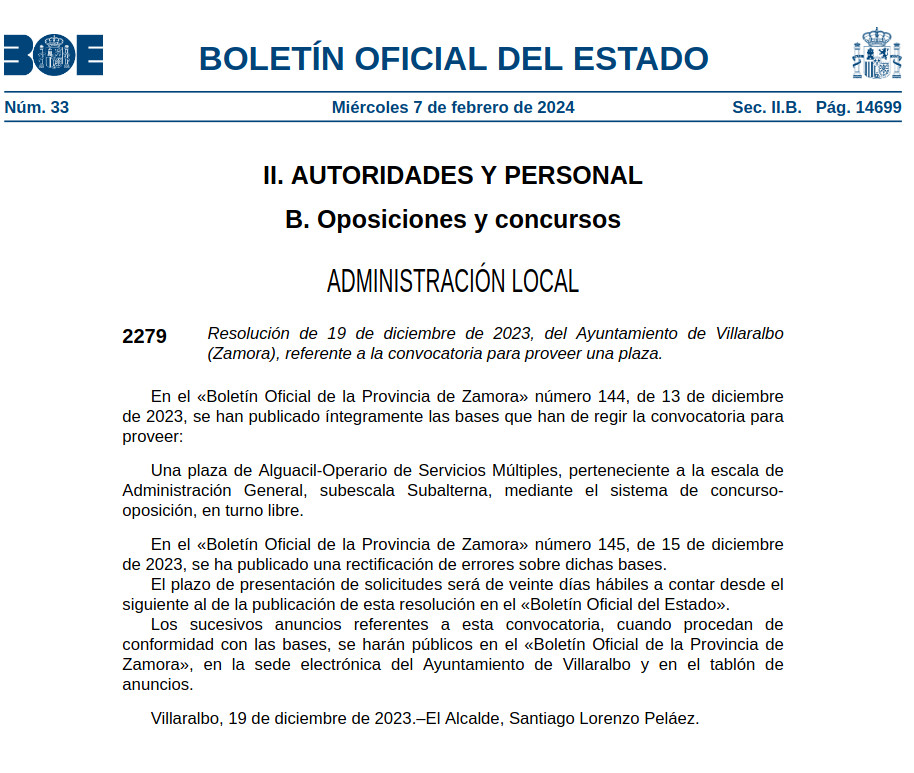 Bases de la plaza de aguacil del Ayuntamiento de Villaralbo